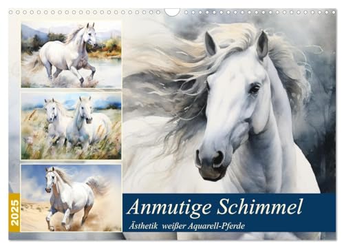 Anmutige Schimmel. Ästhetik weißer Aquarell-Pferde (Wandkalender 2025 DIN A3 quer), CALVENDO Monatskalender von CALVENDO