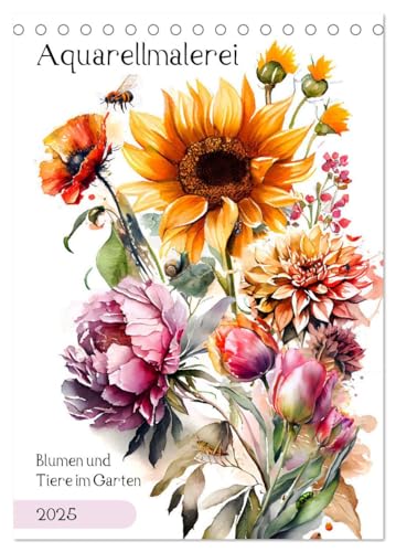 Aquarellmalerei - Blumen und Tiere im Garten (Tischkalender 2025 DIN A5 hoch), CALVENDO Monatskalender von CALVENDO