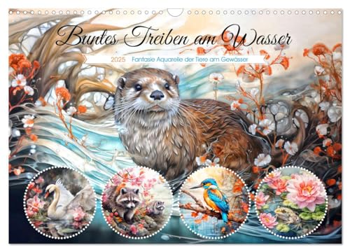 Buntes Treiben am Wasser - Fantasie Aquarelle der Tiere am Gewässer (Wandkalender 2025 DIN A3 quer), CALVENDO Monatskalender von CALVENDO