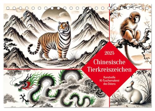 Chinesische Tierkreiszeichen - Kunstvolle KI-Tuschemalerei des Ostens (Tischkalender 2025 DIN A5 quer), CALVENDO Monatskalender