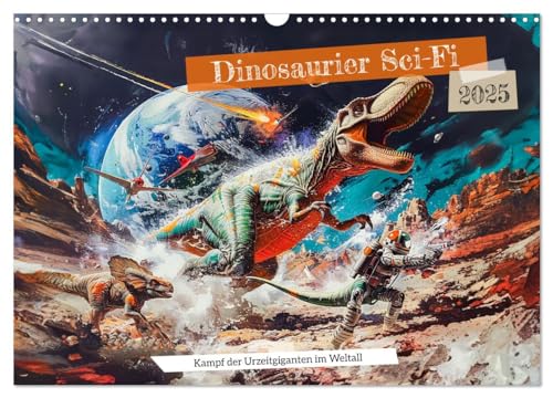 Dinosaurier Sci-Fi - Kampf der Urzeitgiganten im Weltall (Wandkalender 2025 DIN A3 quer), CALVENDO Monatskalender von CALVENDO