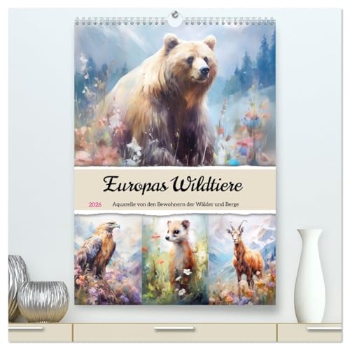 Europas Wildtiere. Aquarelle von den Bewohnern der Wälder und Berge (hochwertiger Premium Wandkalender 2026 DIN A2 hoch), Kunstdruck in Hochglanz von CALVENDO