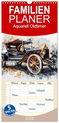 Familienplaner 2025 - Aquarell Oldtimer mit 5 Spalten (Wandkalender, 21 cm x 45 cm), CALVENDO von CALVENDO