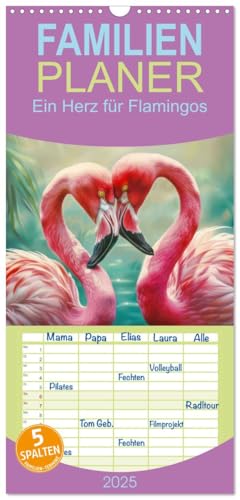 Familienplaner 2025 - Ein Herz für Flamingos mit 5 Spalten (Wandkalender, 21 cm x 45 cm), CALVENDO