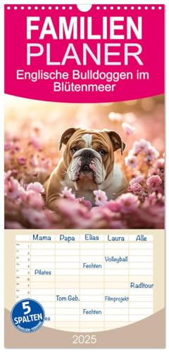 Familienplaner 2025 - Englische Bulldoggen im Blütenmeer mit 5 Spalten (Wandkalender, 21 cm x 45 cm), CALVENDO