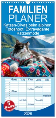 Familienplaner 2025 - Katzen-Divas beim alpinen Fotoshoot. Extravagante Katzenmode mit 5 Spalten (Wandkalender, 21 cm x 45 cm), CALVENDO von CALVENDO