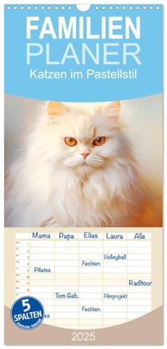 Familienplaner 2025 - Katzen im Pastellstil mit 5 Spalten (Wandkalender, 21 cm x 45 cm), CALVENDO von CALVENDO