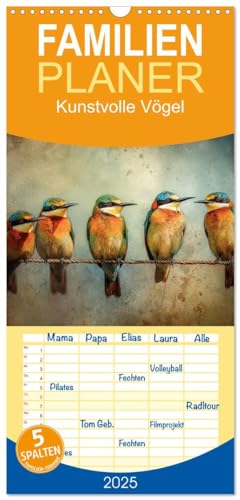 Familienplaner 2025 - Kunstvolle Vögel mit 5 Spalten (Wandkalender, 21 cm x 45 cm), CALVENDO von CALVENDO