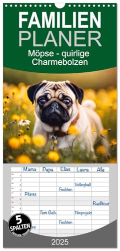 Familienplaner 2025 - Möpse - quirlige Charmebolzen mit 5 Spalten (Wandkalender, 21 cm x 45 cm), CALVENDO von CALVENDO