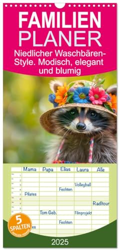 Familienplaner 2025 - Niedlicher Waschbären-Style. Modisch, elegant und blumig mit 5 Spalten (Wandkalender, 21 cm x 45 cm), CALVENDO von CALVENDO