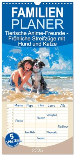 Familienplaner 2025 - Tierische Anime-Freunde - Fröhliche Streifzüge mit Hund und Katze mit 5 Spalten (Wandkalender, 21 cm x 45 cm), CALVENDO von CALVENDO