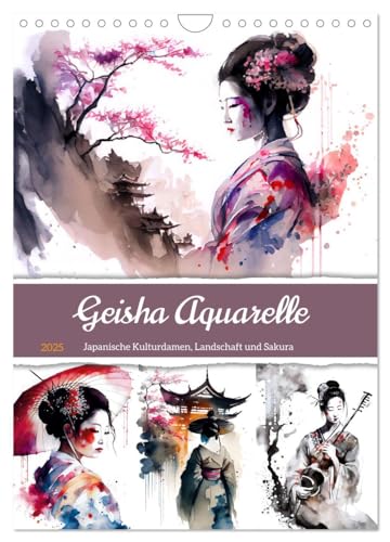 Geisha Aquarelle - Japanische Kulturdamen, Landschaft und Sakura (Wandkalender 2025 DIN A4 hoch), CALVENDO Monatskalender von CALVENDO