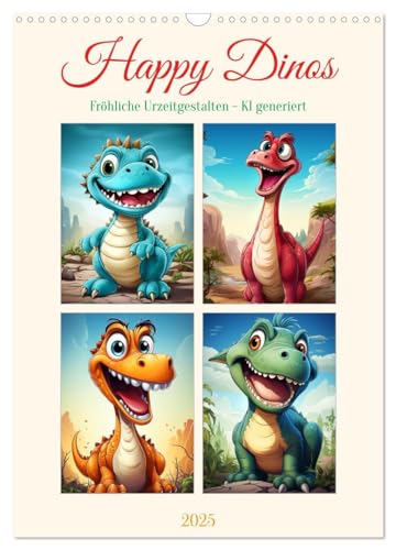 Happy Dinos (Wandkalender 2025 DIN A3 hoch), CALVENDO Monatskalender: Fröhliche Dinos - KI generierte Illustrationen der farbenfrohen Urzeitgestalten (CALVENDO Spass) von CALVENDO