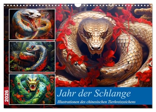 Jahr der Schlange - Illustrationen des chinesischen Tierkreiszeichens (Wandkalender 2026 DIN A3 quer), CALVENDO Monatskalender: Farbenfrohe ... chinesische Tierkreiszeichen (CALVENDO Tiere) von Calvendo