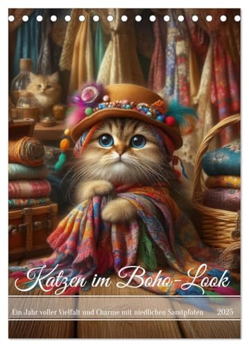 Katzen im Boho-Look - Ein Jahr voller Vielfalt und Charme mit niedlichen Samtpfoten (Tischkalender 2025 DIN A5 hoch), CALVENDO Monatskalender von CALVENDO