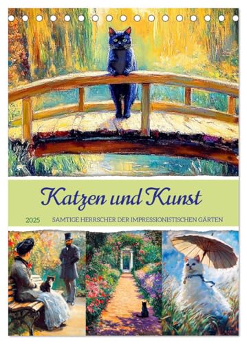 Katzen und Kunst - Samtige Herrscher der impressionistischen Gärten (Tischkalender 2025 DIN A5 hoch), CALVENDO Monatskalender von CALVENDO