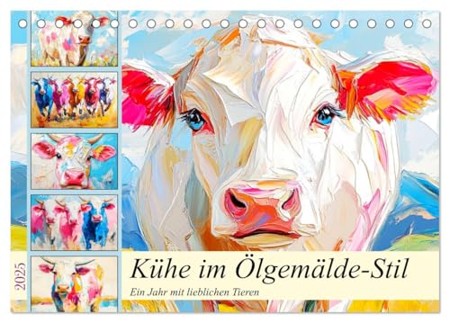 Kühe im Ölgemälde-Stil. Ein Jahr mit lieblichen Tieren (Tischkalender 2025 DIN A5 quer), CALVENDO Monatskalender von CALVENDO