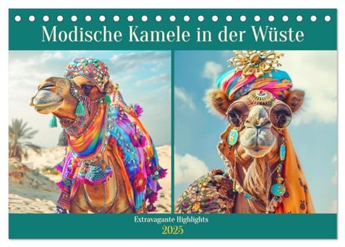 Modische Kamele in der Wüste. Extravagante Highlights (Tischkalender 2025 DIN A5 quer), CALVENDO Monatskalender von CALVENDO