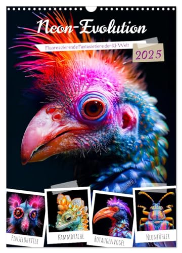 Neon-Evolution - Fluoreszierende Fantasietiere der KI-Welt (Wandkalender 2025 DIN A3 hoch), CALVENDO Monatskalender von CALVENDO