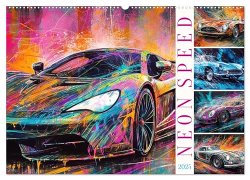 Neon Speed (Wandkalender 2025 DIN A2 quer), CALVENDO Monatskalender: Starke PS in knalligen Farben - Rennwagen KI generiert (CALVENDO Mobilitaet) von Calvendo