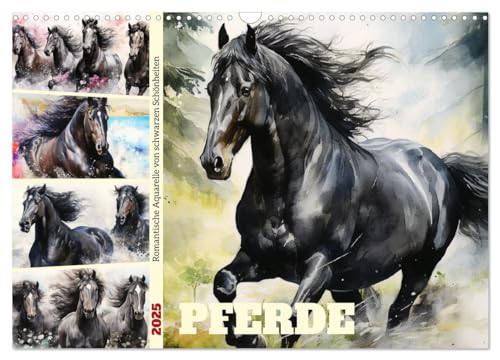 Pferde. Romantische Aquarelle von schwarzen Schönheiten (Wandkalender 2025 DIN A3 quer), CALVENDO Monatskalender von CALVENDO