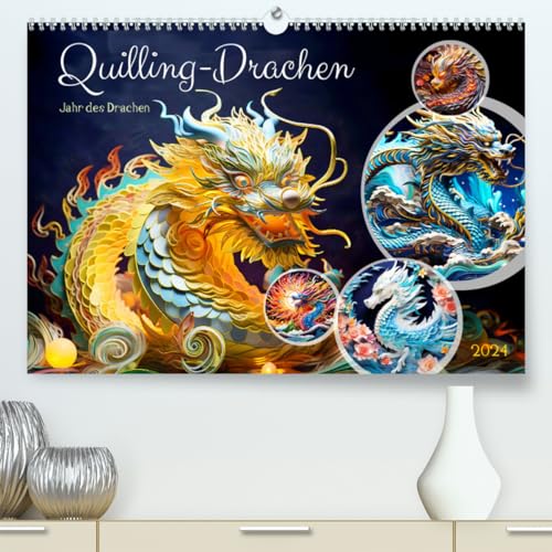 Quilling-Drachen - Jahr des Drachen (hochwertiger Premium Wandkalender 2024 DIN A2 quer), Kunstdruck in Hochglanz von CALVENDO
