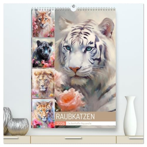 Raubkatzen. Zauberhafte Aquarelle (hochwertiger Premium Wandkalender 2026 DIN A2 hoch), Kunstdruck in Hochglanz von CALVENDO