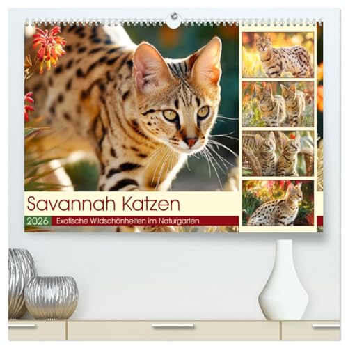 Savannah Katzen. Exotische Wildschönheiten im Naturgarten (hochwertiger Premium Wandkalender 2026 DIN A2 quer), Kunstdruck in Hochglanz von CALVENDO