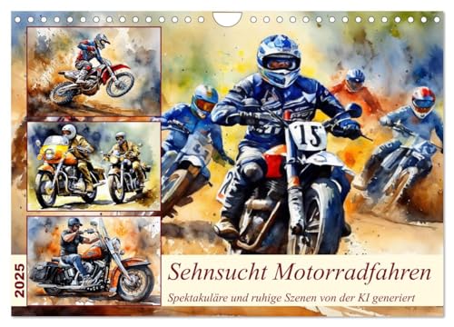 Sehnsucht Motorradfahren (Wandkalender 2025 DIN A4 quer), CALVENDO Monatskalender: Wunderschöne KI generierte Aquarelle (CALVENDO Sport) von Calvendo