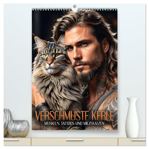 Verschmuste Kerle - Muskeln, Tattoos und Miezekatzen (hochwertiger Premium Wandkalender 2025 DIN A2 hoch), Kunstdruck in Hochglanz von CALVENDO
