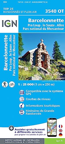 IGN Karte, Carte de randonnée (et plein air) Barcelonnette.Pra-Loup.le Sauze.Allos.Parc National du Mercantour (TOP 25)