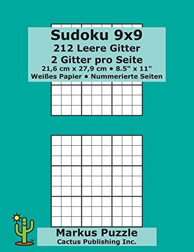 Sudoku 9x9 - 212 leere Gitter: 2 Gitter pro Seite; 21,6 cm x 27,9 cm; 8,5" x 11"; Weißes Papier; Seitenzahlen; Su Doku; Nanpure; 9 x 9 Rätseltafel