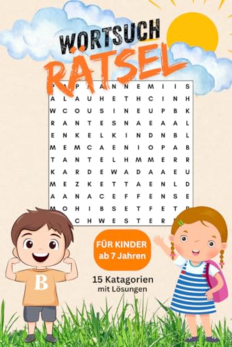 Kinderrätsel - Wortsuchrätsel Kinder ab 7 Jahren - mit 15 verschiedenen Katagorien: Tiere - Obst / Gemüse - Schule und vieles mehr