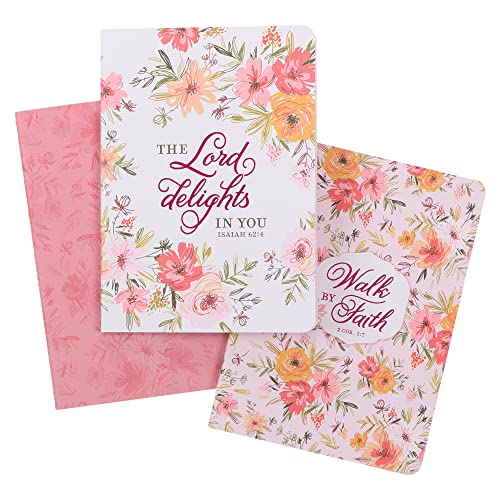 Christian Art Gifts Slim Scripture Notebooks for Women, The Lord Delights in You/Walk by Faith Isaiah/Corinthians - Inspirational Bible Verse Variety, Pink Floral Set/3 Large