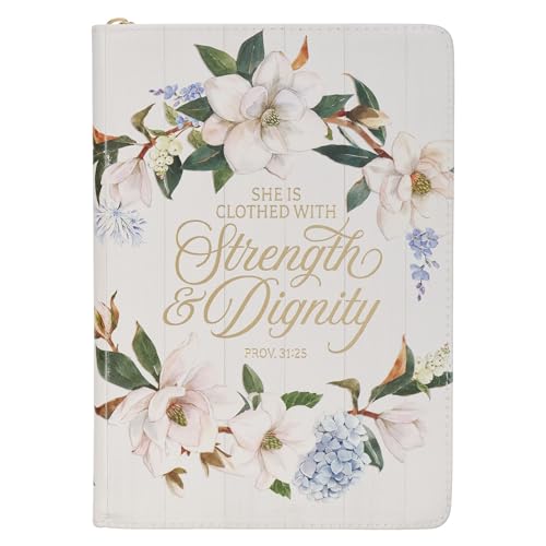 Christian Art Gifts White Vegan Leather Zipped Journal, Inspirational Notebook Strength & Dignity Scripture, Flexible Cover, 336 Ruled Pages, Bookmark, Proverbs 31:25 Bible Verse Christian Art Gifts White Vegan Leather Zipped Journal, Inspirational Notebook Strength & Dignity Scripture, Flexible Cover, 336 Ruled Pages, Bookmark, Proverbs 31:25 Bible Verse