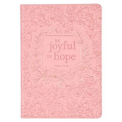 Classic Faux Leather Journal Joyful in Hope Romans 12:2 Pink Gold Floral Flexcover Inspirational Notebook w/Ribbon Marker, 336 Lined Pages