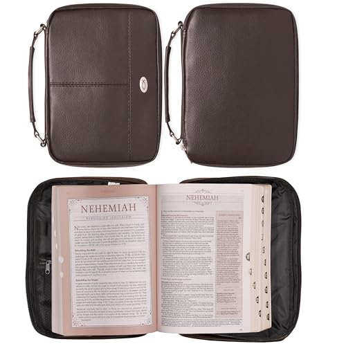 Christian Art Gifts Braune Kunstleder-Bibelhülle für Damen und Herren | Ichthus Jesus Fisch-Emblem mit Reißverschluss, zweifach gefaltet, Organizer für Bibel oder Buch mit Griff, groß
