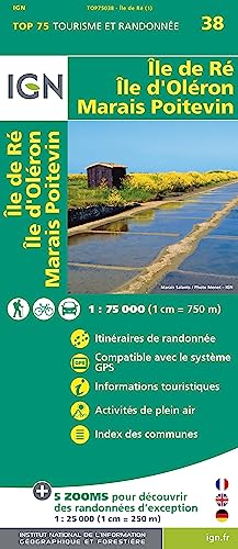 IGN Karte, Tourisme et Randonnée Île de Re, Île d'Oléron, Marais Poitevin (TOP 75, Band 75038)