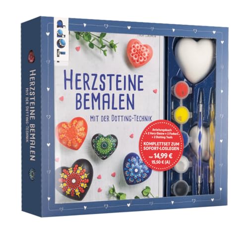 Kreativ-Set Herz-Steine bemalen mit der Dotting-Technik: Anleitungsbuch mit Grundlagen, 2 Gipssteine in 2 Größen, 2 Dotting Tools mit 4 Spitzen und 5 Acrylfarben in Rot, Gelb, Blau, Weiß und Schwarz von Frech