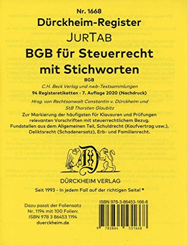 DürckheimRegister BGB im Steuerrecht mit Stichworten: 102 Registeretiketten (sog. Griffregister) für dein BGB zur Markierung mit STICHWORTEN aus der ... und STICHWORTEN aus der amtlichen Überschrift von Drckheim Verlag GmbH