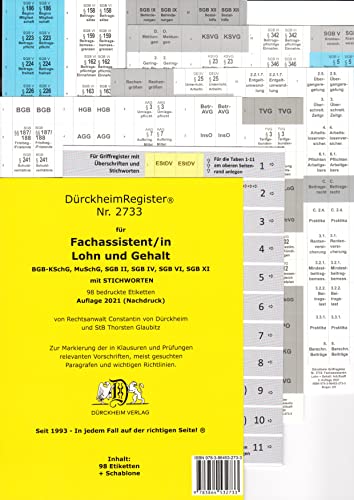 DürckheimRegister - Fachassistent LOHN + GEHALT (ArbR und SGB): 98 Registeretiketten (sog. Griffregister) für die BGB, KSchG, SGB II, IV, VI, XI und ... • In jedem Fall auf der richtigen Seite von Drckheim Verlag GmbH