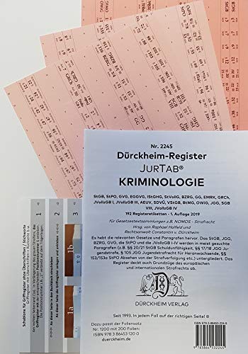 DürckheimRegister KRIMINOLOGIE: 192 Registeretiketten (sog. Griffregister) für das Wahlfach KRIMINOLOGIE • Mit den wichtigsten Gesetzen im StGB, ... (StGB, StPO, JGG, GVG, IStGHG, StVollG usw.)