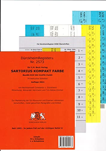 DürckheimRegister SARTORIUS KOMPAKT, Gesetze und §§: 75 Registeretiketten (sog. Griffregister) für den SARTORIUS, C.H. Beck Verlag • GG, VwVfG, • In ... • In jedem Fall auf der richtigen Seite