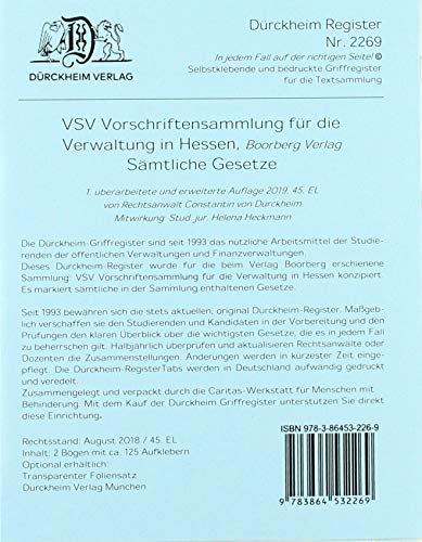 DürckheimRegister VSV HESSEN, BOORBERG Verlag: 125 Registeretiketten (sog. Griffregister) für die Vorschriftensammlung für die Verwaltung in Hessen • ... Verlag • Mit den wichtigsten Gesetzen von Drckheim Verlag GmbH