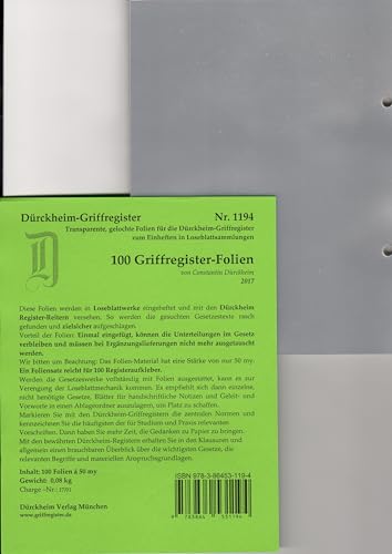 100 DürckheimRegister-FOLIEN für STEUERGESETZE, HABERSACK u.a; zum Einheften und Unterteilen der roten Gesetzessammlungen zum dauerhaften Einheften ... H. Beck zum Einheften der DürckheimRegister