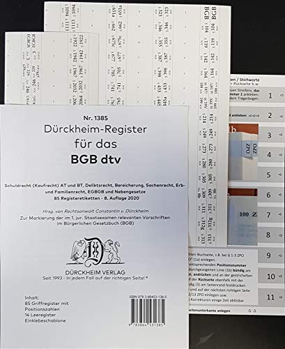 DürckheimRegister BGB im dtv: 85 Etiketten für dein BGB (AT, Schuldrecht, Deliktsrecht, Bereicherung, Sachenrecht, Erb- und Familienrecht): Für ... Sachenrecht, Erb- und Familienrecht) von Drckheim Verlag GmbH