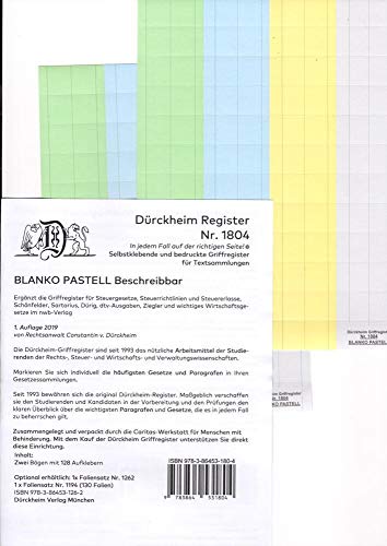 DürckheimRegister BLANKO PASTELL-GROSS Beschreibbar: 96 vierfarbige beschreibbare Markieraufkleber zur Befestigung an Trennblättern oder Buchseiten. ... HABERSACK SARTORIUS STEUERGESETZE uva. von Dürckheim Verlag