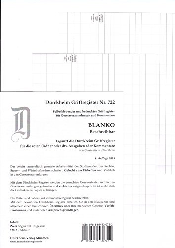 DürckheimRegister BLANKO: WEISS beschreibbar für Gesetzessammlungen: 128 beschreibbare Registeretiketten (sog. Griffregister) für Gesetzessammlungen • In jedem Fall auf der richtigen Seite DürckheimRegister BLANKO: WEISS beschreibbar für Gesetzessammlungen: 128 beschreibbare Registeretiketten (sog. Griffregister) für Gesetzessammlungen • In jedem Fall auf der richtigen Seite
