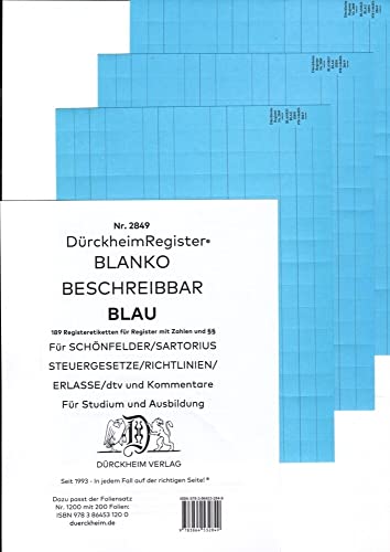 DürckheimRegister® BLANKO-BLAU beschreibbar für Gesetzessammlungen: 189 beschreibbare Registeretiketten in Blau für Gesetzessammlungen. In jedem Fall ... . In jedem Fall auf der richtigen Seite ® von DürckheimRegister Seit 1999 Nr. 1
