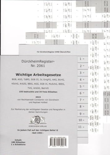 DürckheimRegister ARBEITSGESETZE: 61 Registeretiketten (sog. Griffregister) für deine ARBEITSGESETZE (ArbR, dtv-Verlag) • Mit den wichtigsten ... usw. • In jedem Fall auf der richtigen Seite von DürckheimRegister Seit 1999 Nr. 1